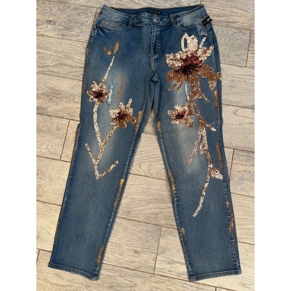 Juliette Jeans 12 Denim Sequins Floral Metallic Splatter Denim NWT Boho Hippie